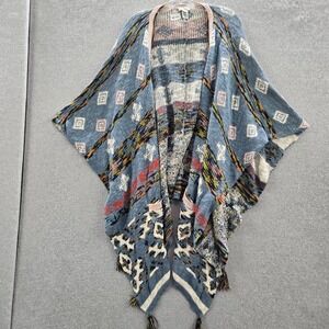 Sundance Women Sweater M/L Blue Aztec Poncho Cardigan Bohemian Tasseled‎